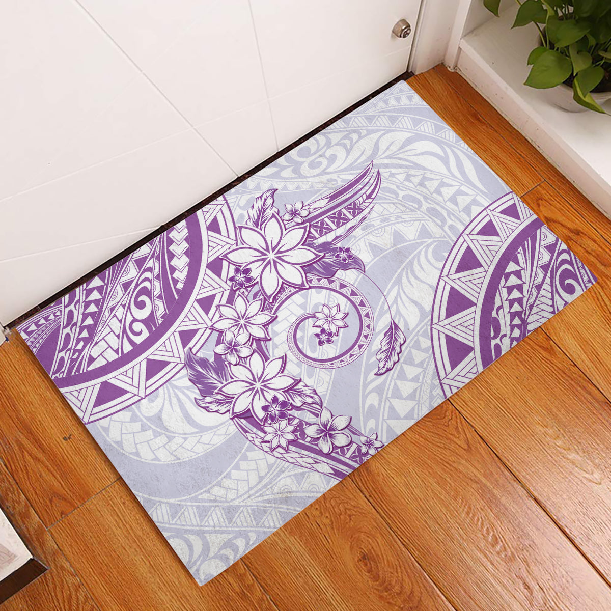 Polynesian Pattern With Plumeria Flowers Rubber Doormat Purple