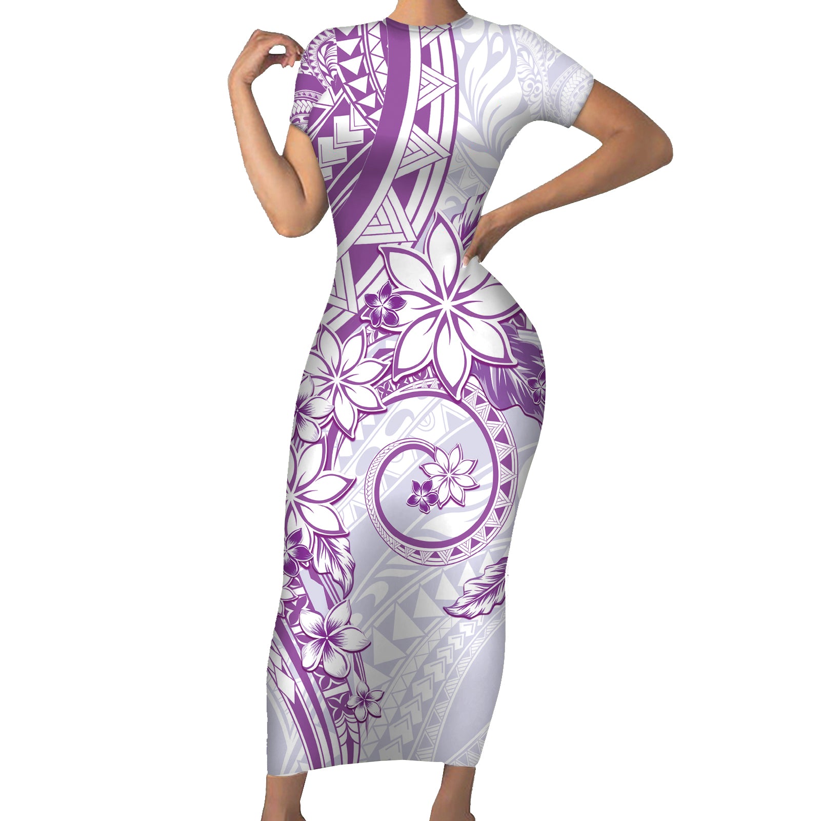 Polynesian Pattern With Plumeria Flowers Short Sleeve Bodycon Dress Purple