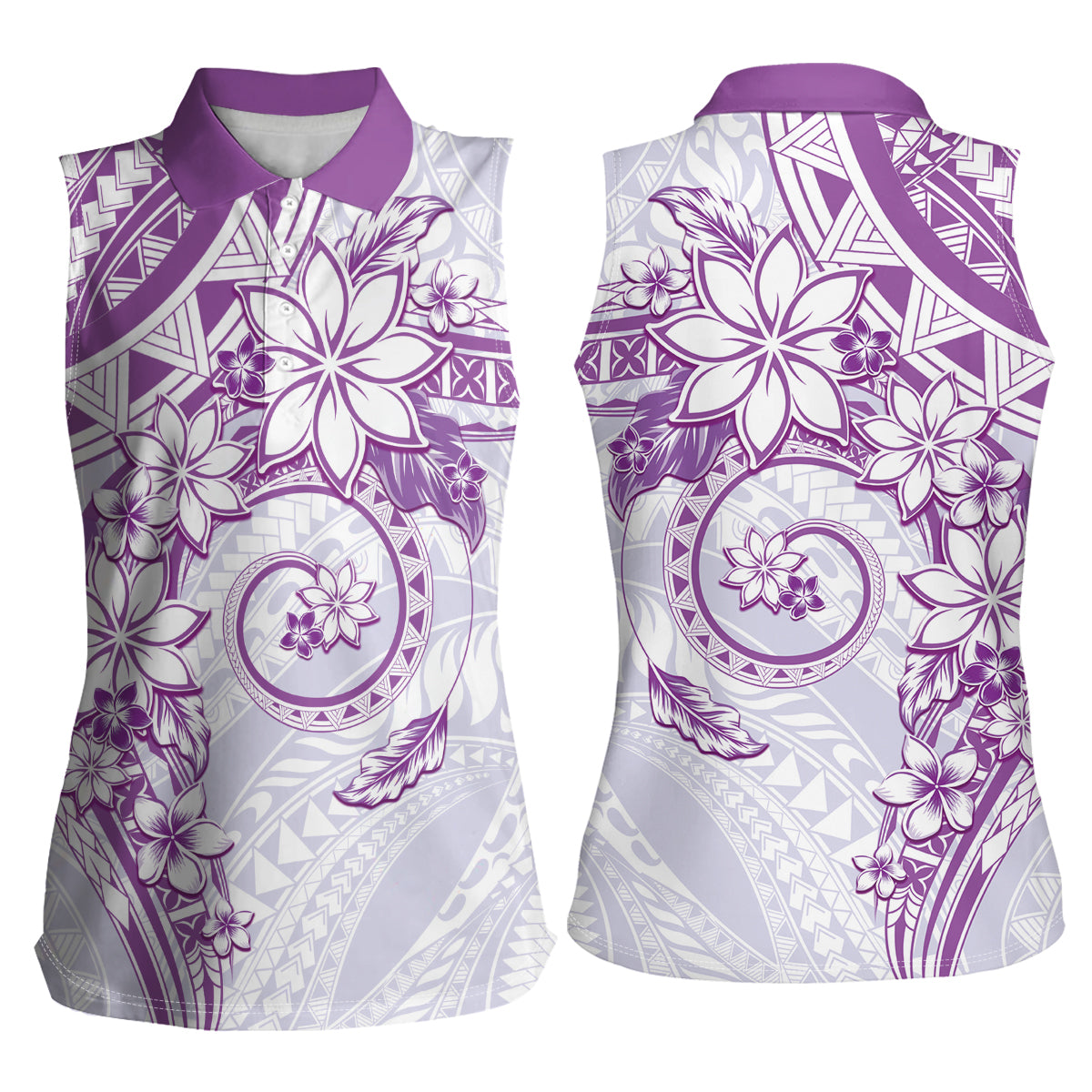 Polynesian Pattern With Plumeria Flowers Women Sleeveless Polo Shirt Purple