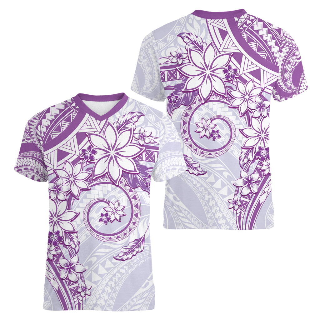 Polynesian Pattern With Plumeria Flowers Women V-Neck T-Shirt Purple