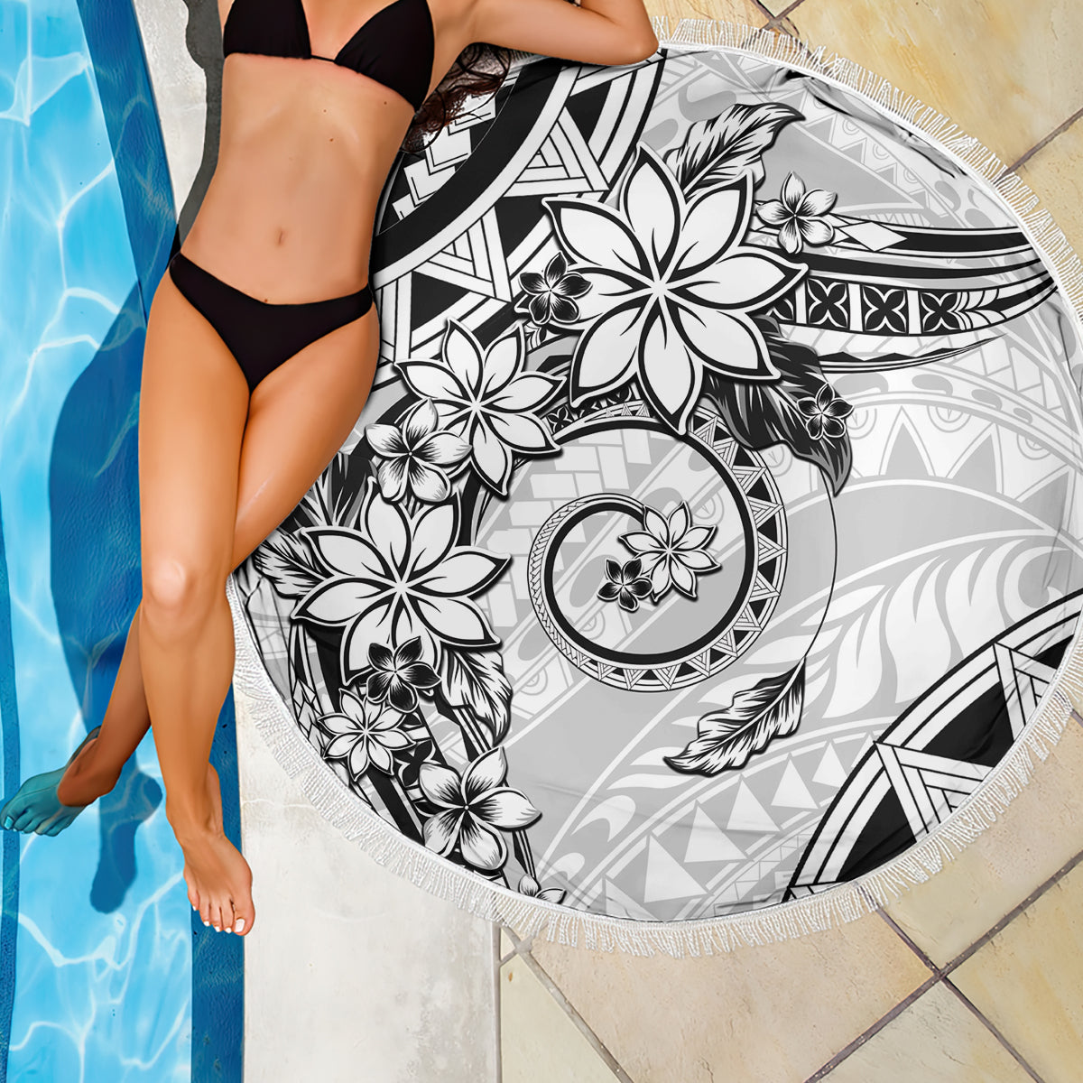 Polynesian Pattern With Plumeria Flowers Beach Blanket White