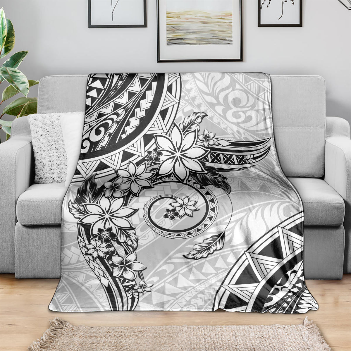 Polynesian Pattern With Plumeria Flowers Blanket White