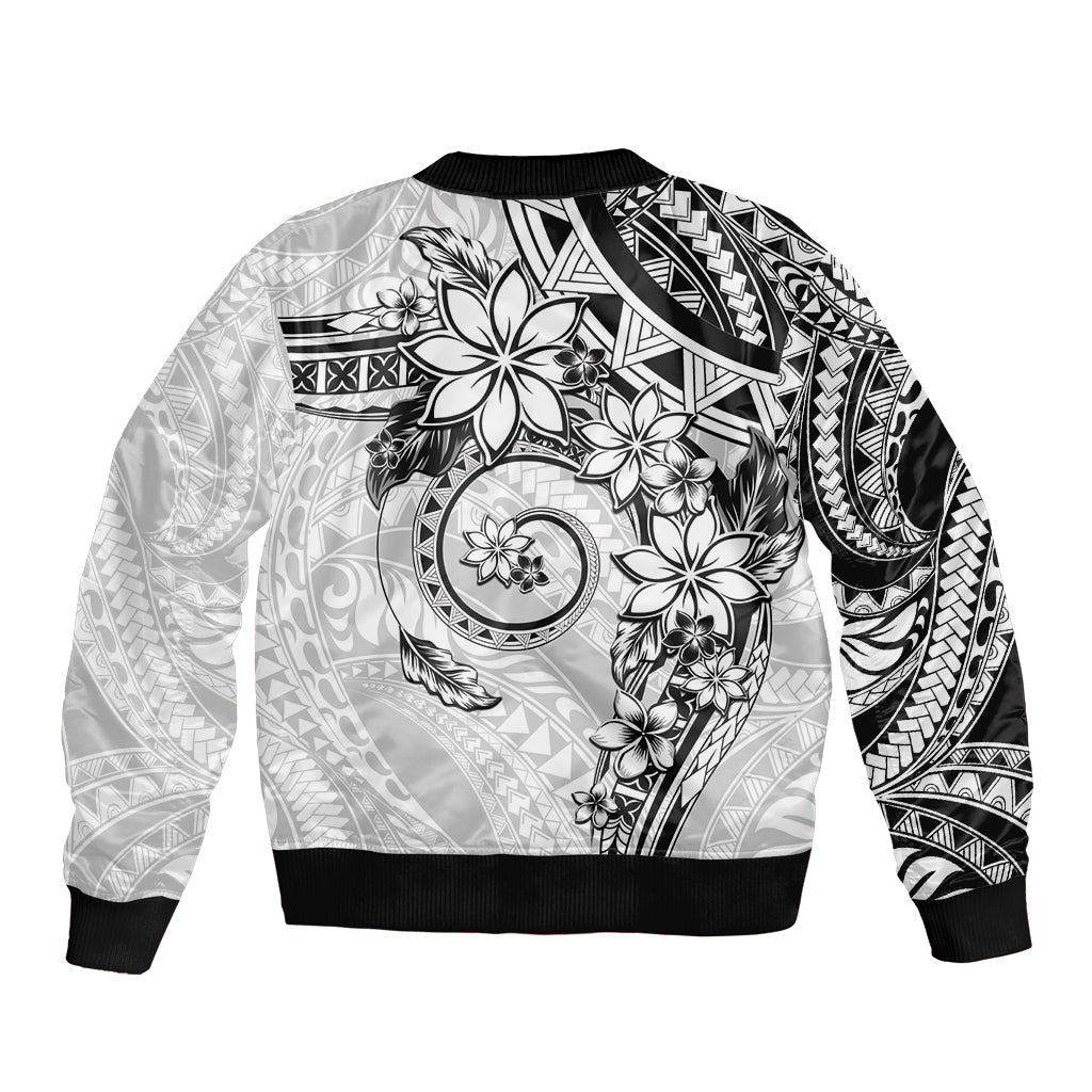 Polynesian Pattern With Plumeria Flowers Bomber Jacket White