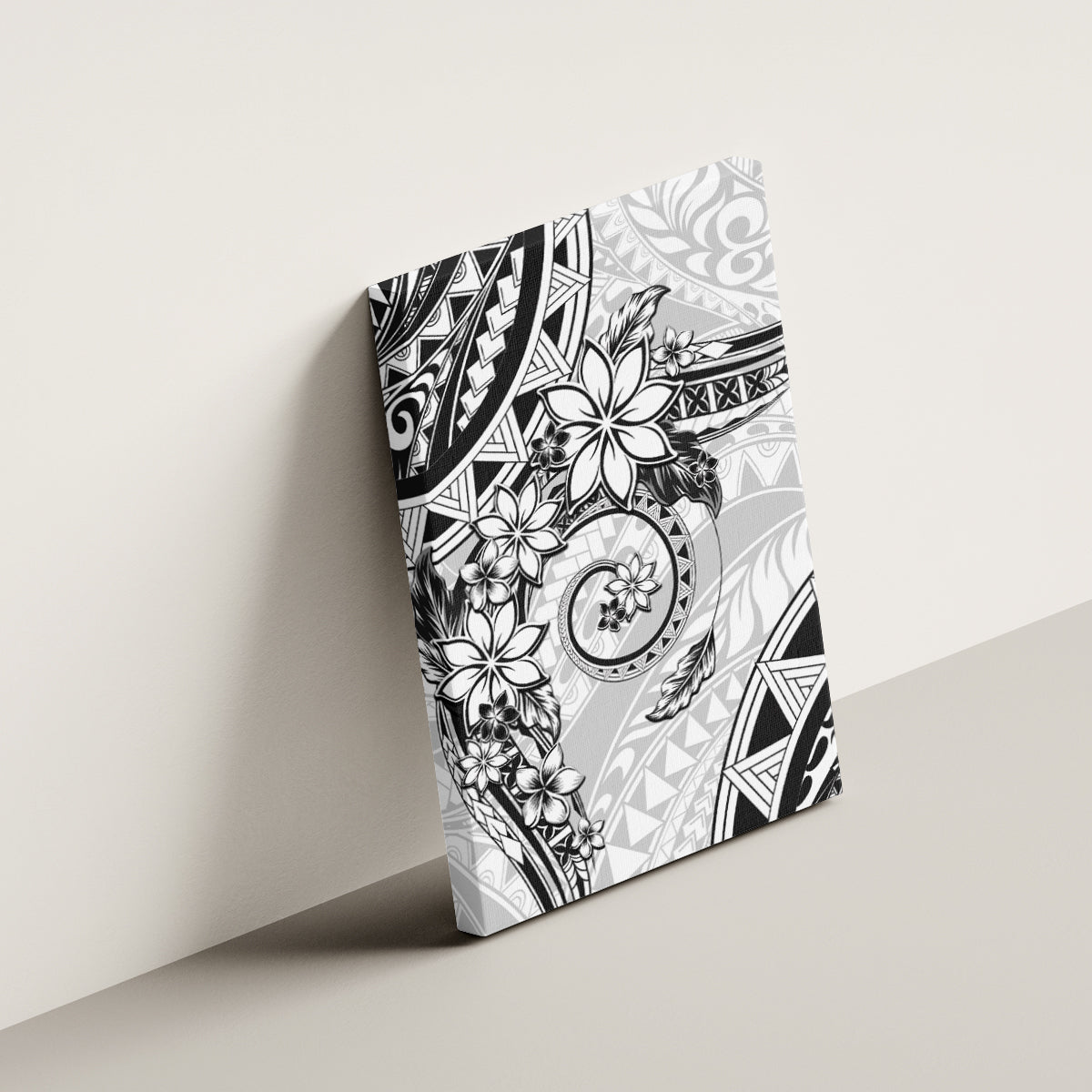 Polynesian Pattern With Plumeria Flowers Canvas Wall Art White