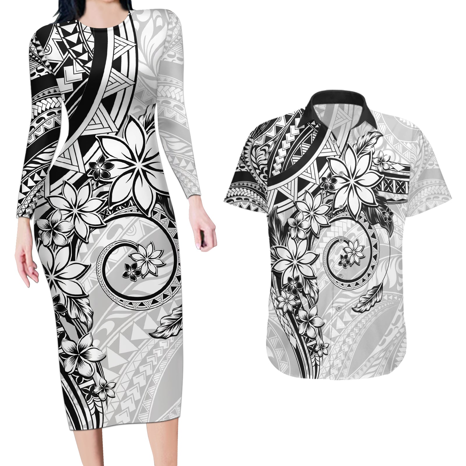 Polynesian Pattern With Plumeria Flowers Couples Matching Long Sleeve Bodycon Dress and Hawaiian Shirt White