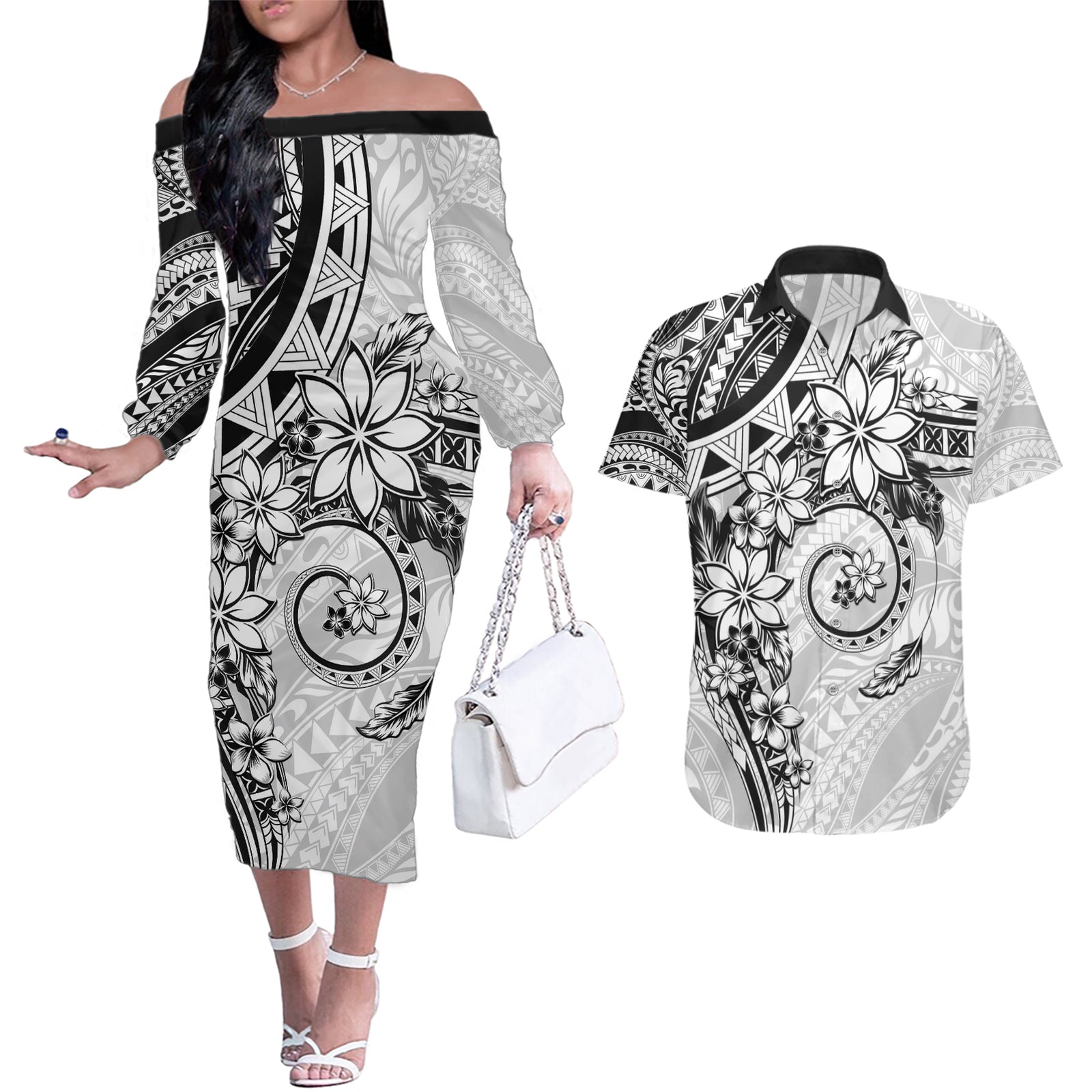 Polynesian Pattern With Plumeria Flowers Couples Matching Off The Shoulder Long Sleeve Dress and Hawaiian Shirt White LT05 White - Polynesian Pride