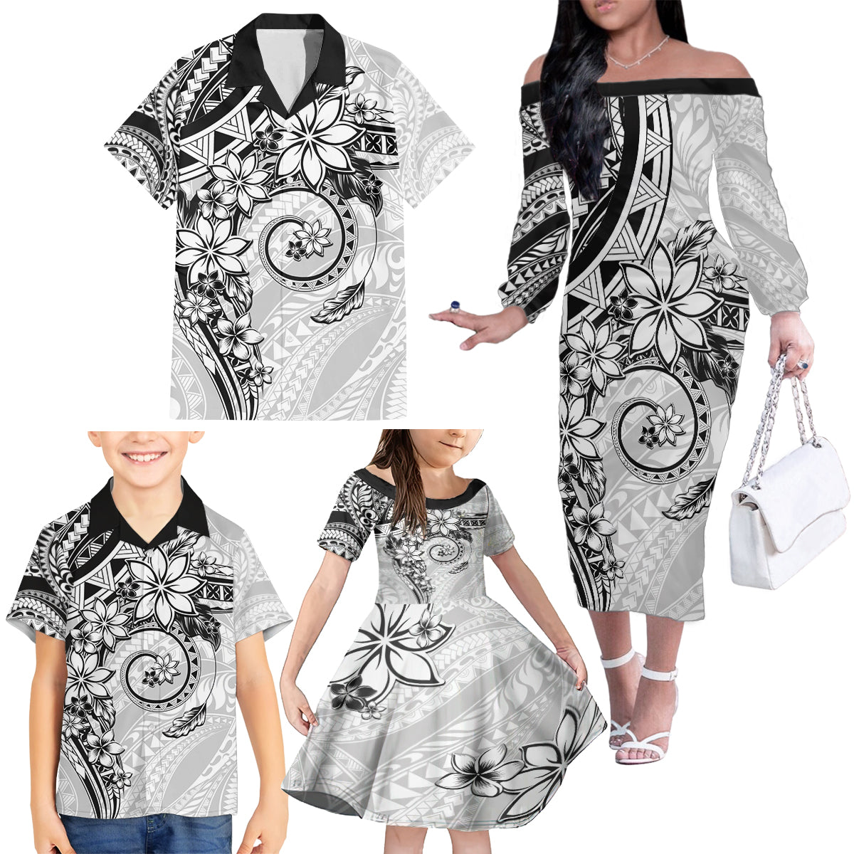 Polynesian Pattern With Plumeria Flowers Family Matching Off The Shoulder Long Sleeve Dress and Hawaiian Shirt White LT05 - Polynesian Pride