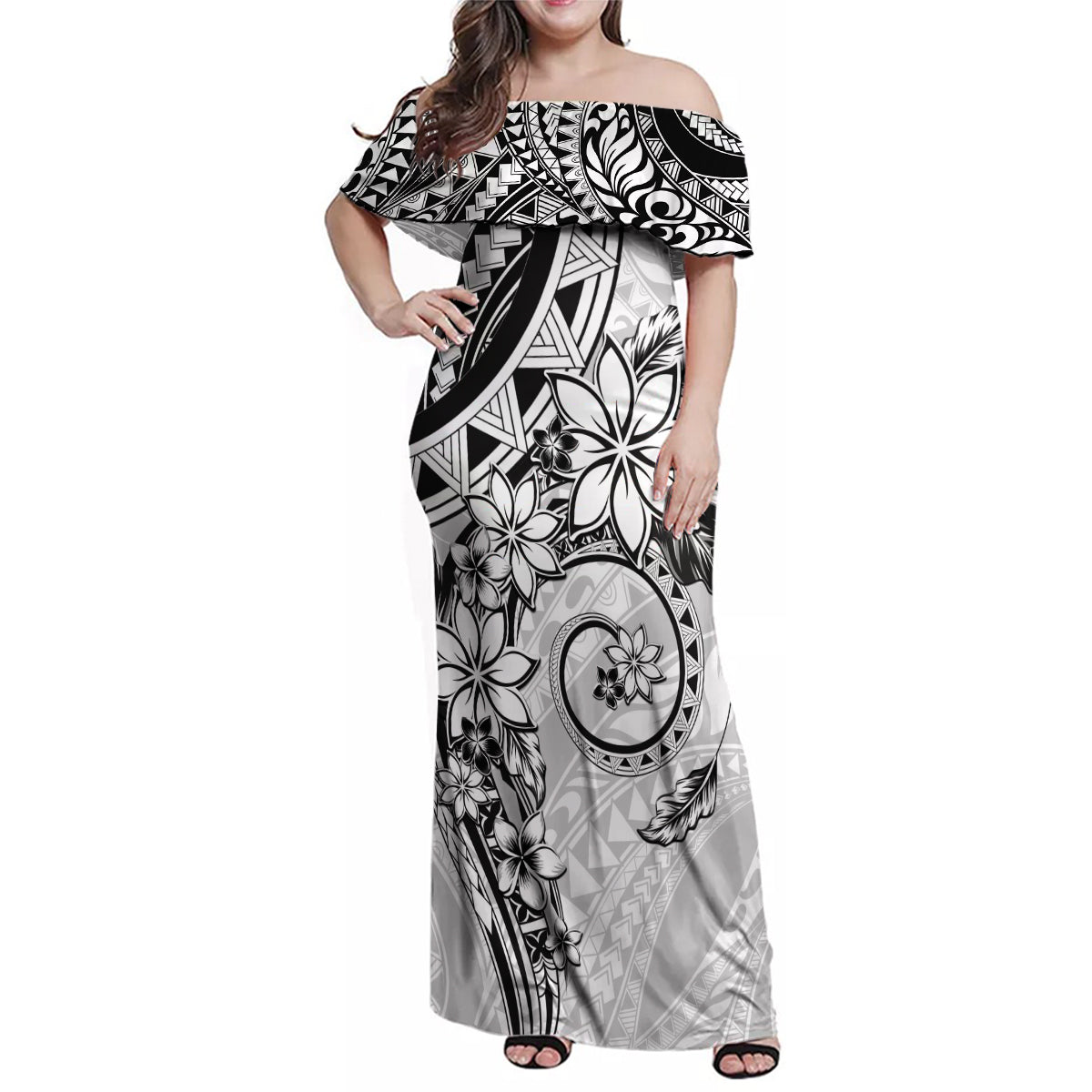 Polynesian Pattern With Plumeria Flowers Family Matching Off Shoulder Maxi Dress and Hawaiian Shirt White
