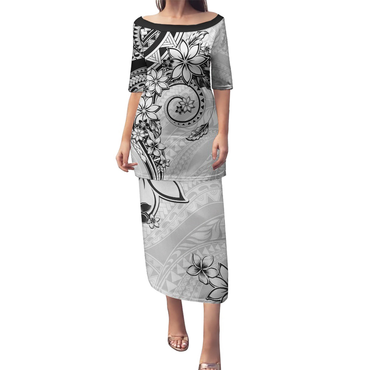 Polynesian Pattern With Plumeria Flowers Family Matching Puletasi and Hawaiian Shirt White