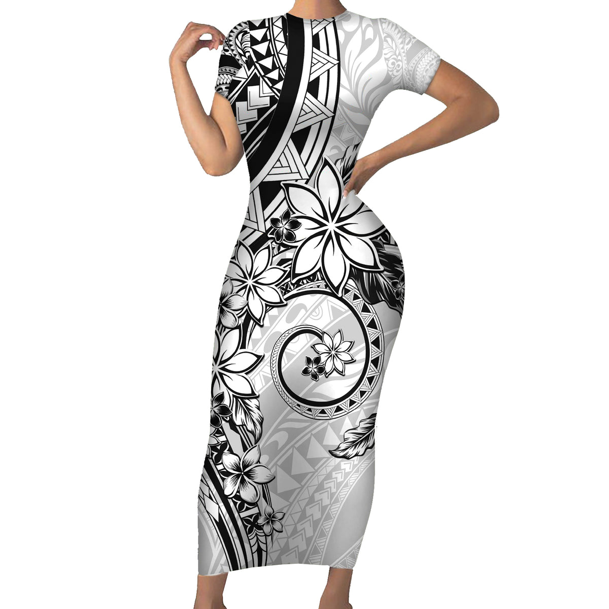 Polynesian Pattern With Plumeria Flowers Family Matching Short Sleeve Bodycon Dress and Hawaiian Shirt White