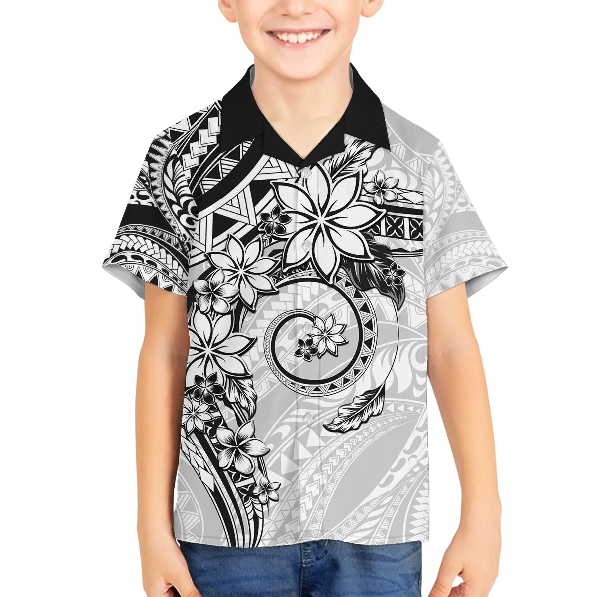 Polynesian Pattern With Plumeria Flowers Family Matching Summer Maxi Dress and Hawaiian Shirt White