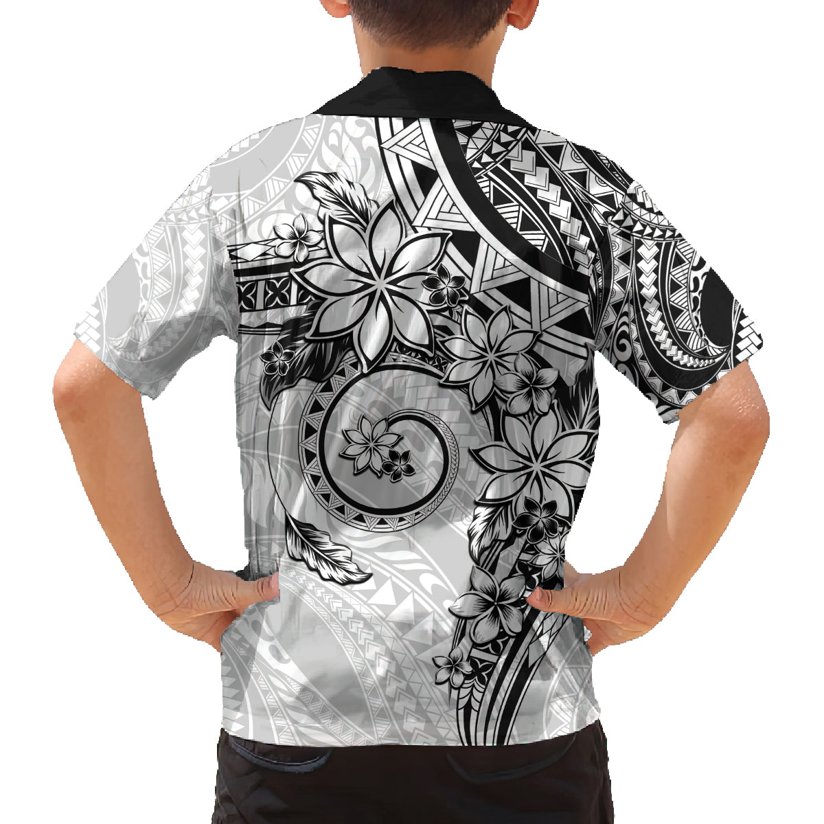 Polynesian Pattern With Plumeria Flowers Family Matching Tank Maxi Dress and Hawaiian Shirt White