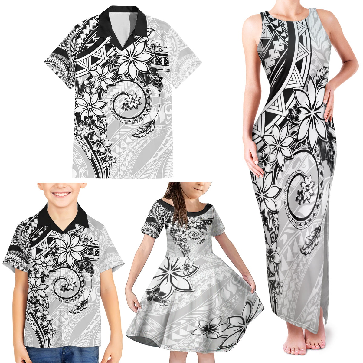 Polynesian Pattern With Plumeria Flowers Family Matching Tank Maxi Dress and Hawaiian Shirt White LT05 - Polynesian Pride