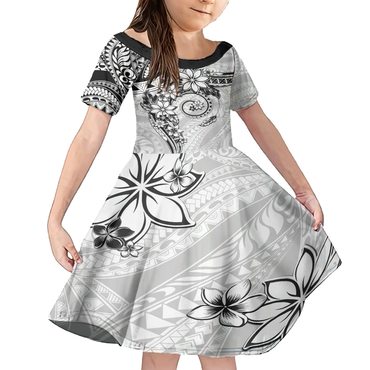 Polynesian Pattern With Plumeria Flowers Kid Short Sleeve Dress White