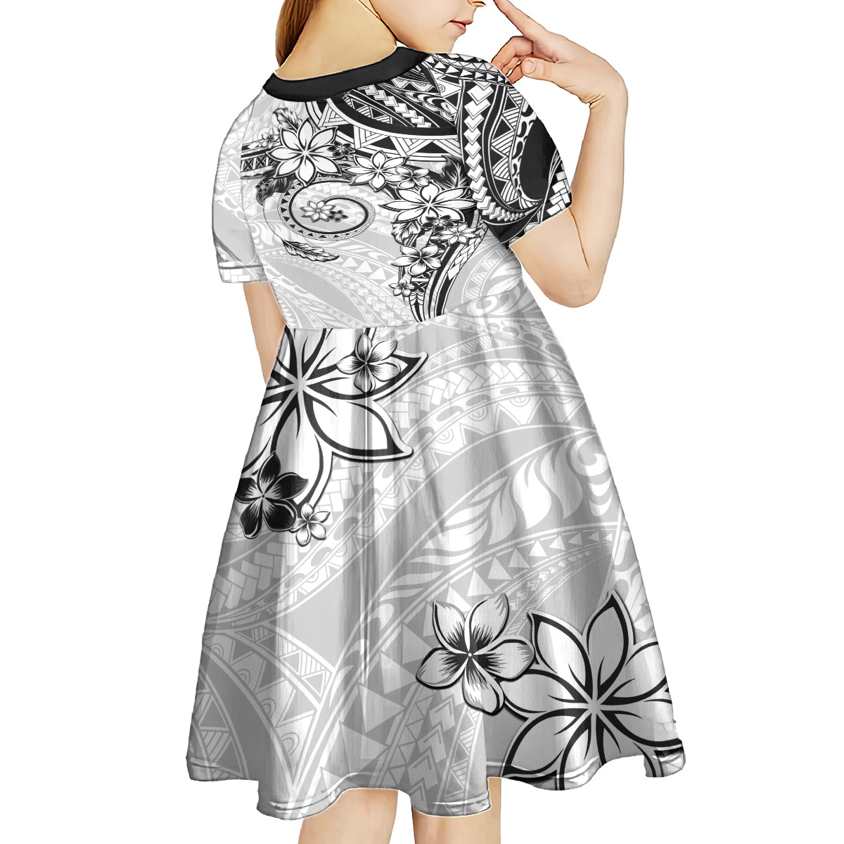 Polynesian Pattern With Plumeria Flowers Kid Short Sleeve Dress White LT05 - Polynesian Pride