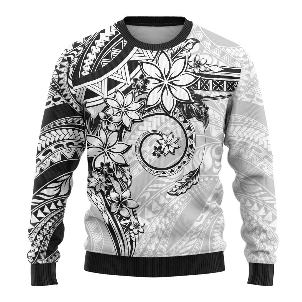 Polynesian Pattern With Plumeria Flowers Ugly Christmas Sweater White