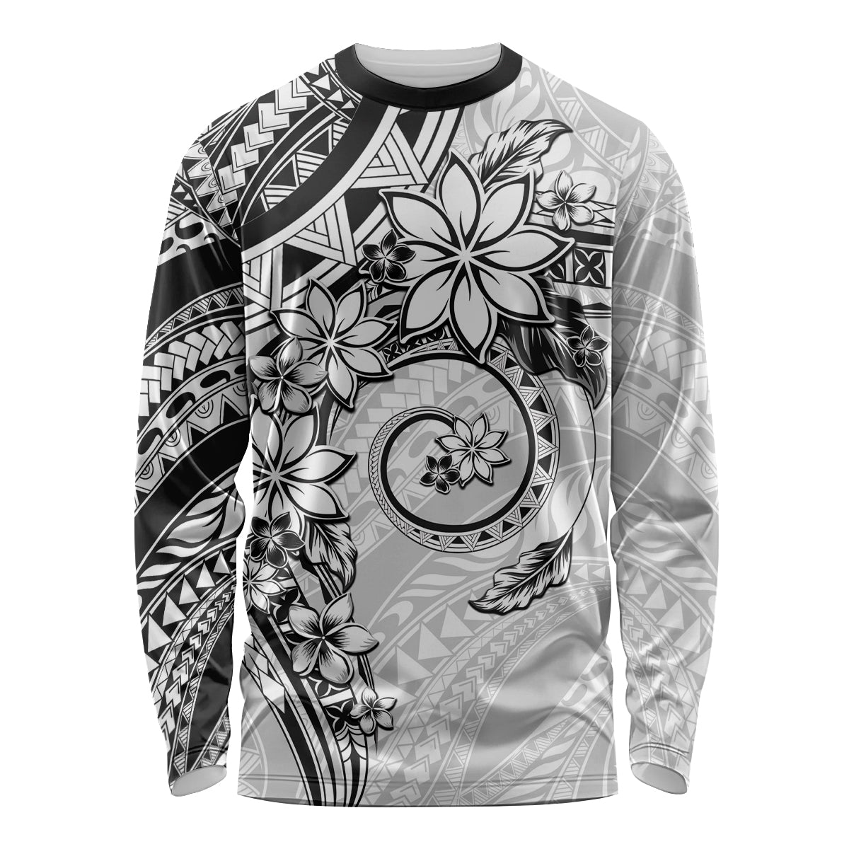 Polynesian Pattern With Plumeria Flowers Long Sleeve Shirt White LT05 Unisex White - Polynesian Pride