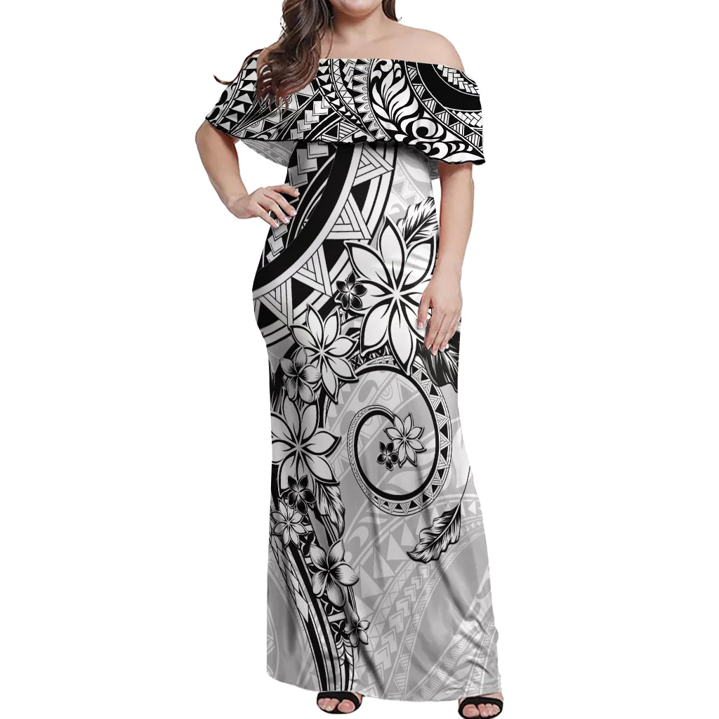 Polynesian Pattern With Plumeria Flowers Off Shoulder Maxi Dress White LT05 Women White - Polynesian Pride