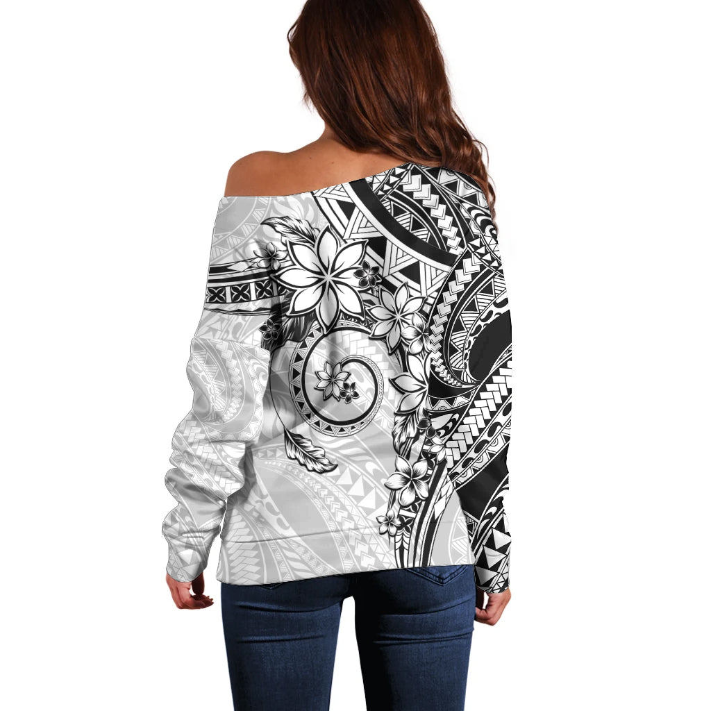 Polynesian Pattern With Plumeria Flowers Off Shoulder Sweater White
