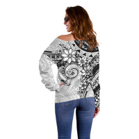 Polynesian Pattern With Plumeria Flowers Off Shoulder Sweater White
