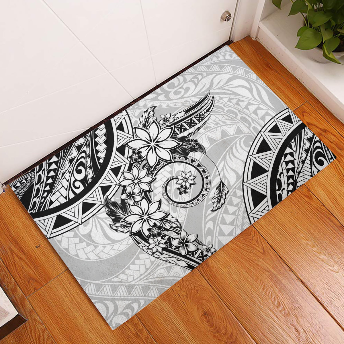 Polynesian Pattern With Plumeria Flowers Rubber Doormat White