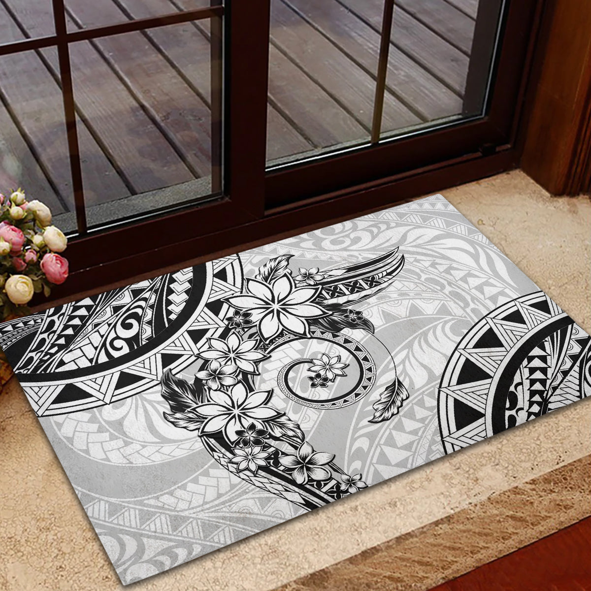Polynesian Pattern With Plumeria Flowers Rubber Doormat White