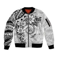 Polynesian Pattern With Plumeria Flowers Sleeve Zip Bomber Jacket White