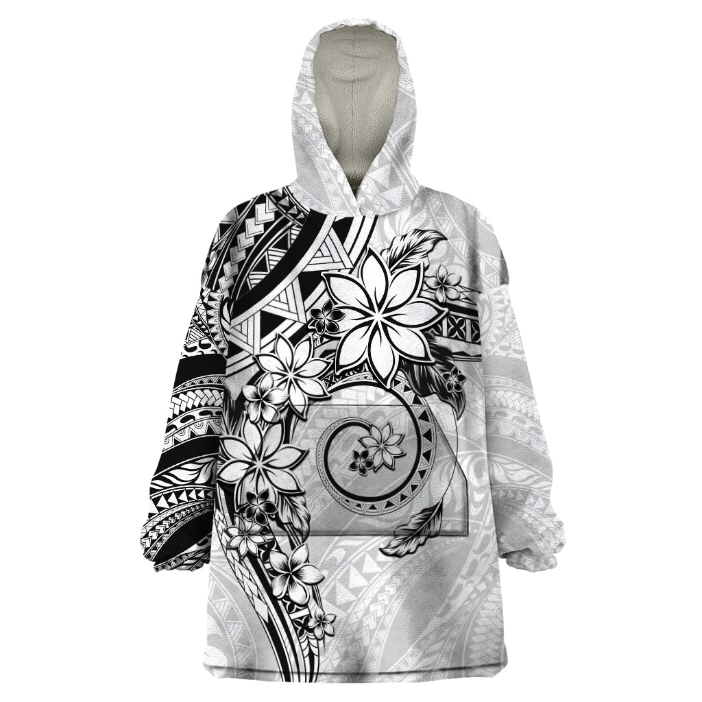 Polynesian Pattern With Plumeria Flowers Wearable Blanket Hoodie White LT05 One Size White - Polynesian Pride