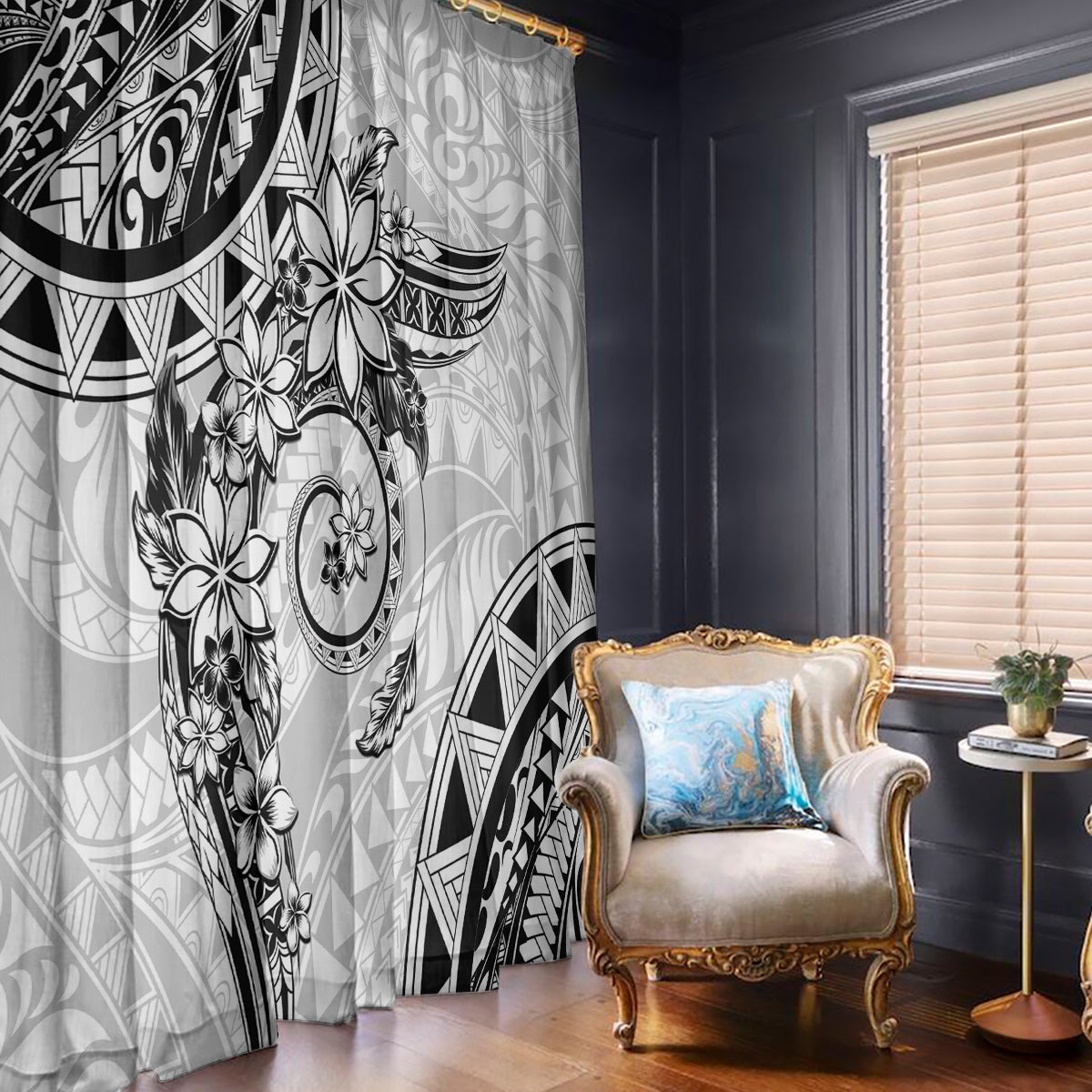 Polynesian Pattern With Plumeria Flowers Window Curtain White LT05 - Polynesian Pride