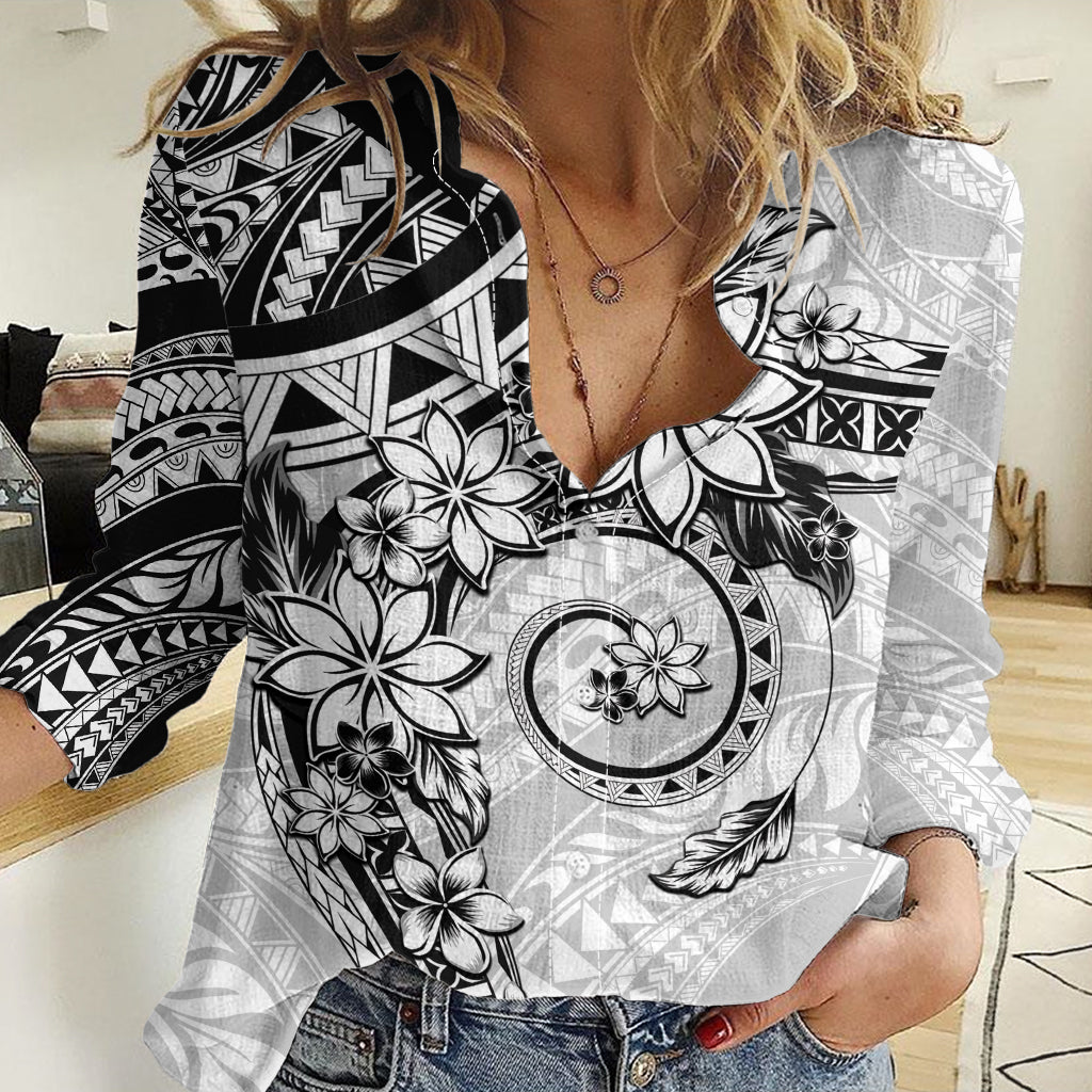 Polynesian Pattern With Plumeria Flowers Women Casual Shirt White