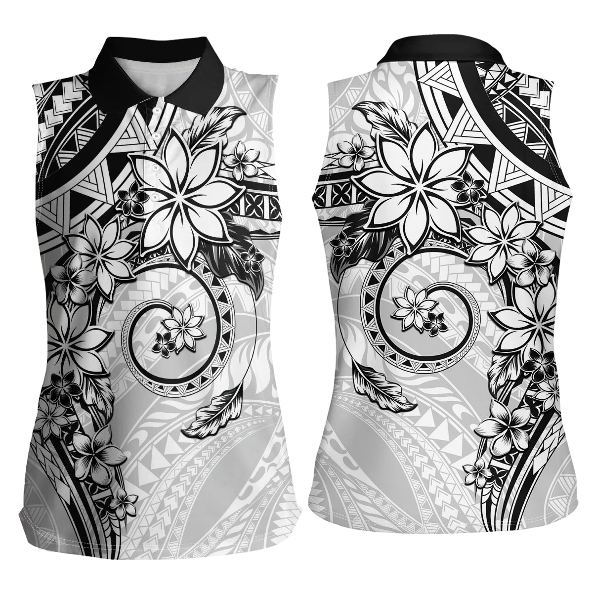Polynesian Pattern With Plumeria Flowers Women Sleeveless Polo Shirt White