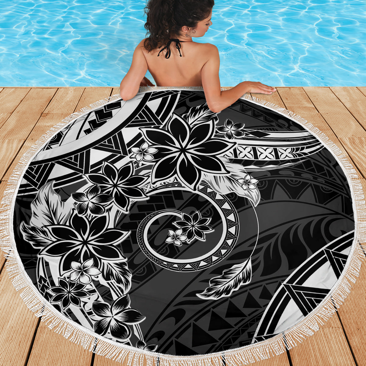 Polynesian Pattern With Plumeria Flowers Beach Blanket Black