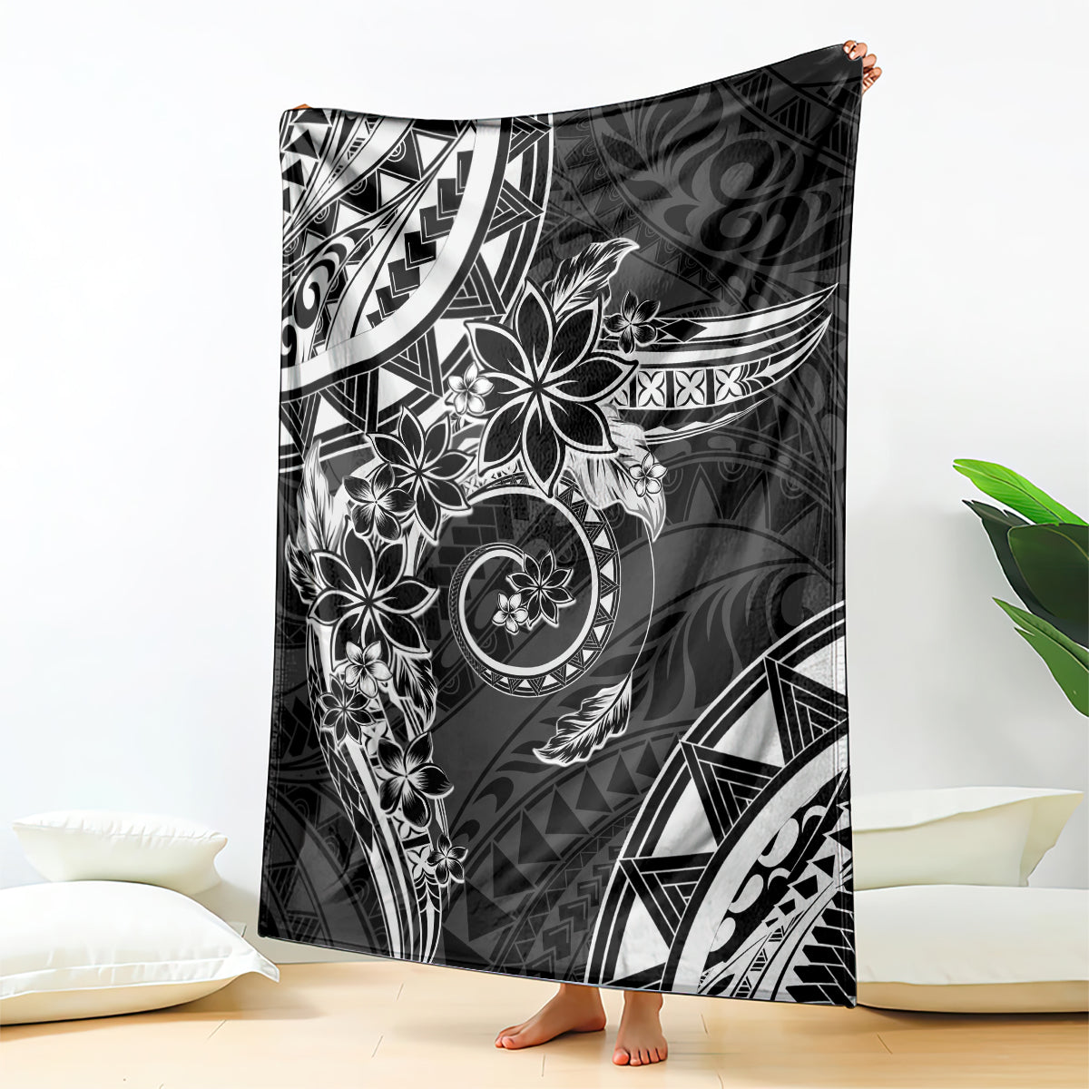 Polynesian Pattern With Plumeria Flowers Blanket Black
