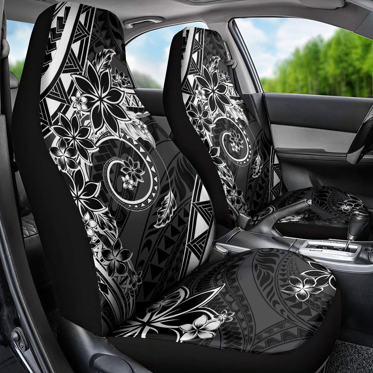 Polynesian Pattern With Plumeria Flowers Car Seat Cover Black
