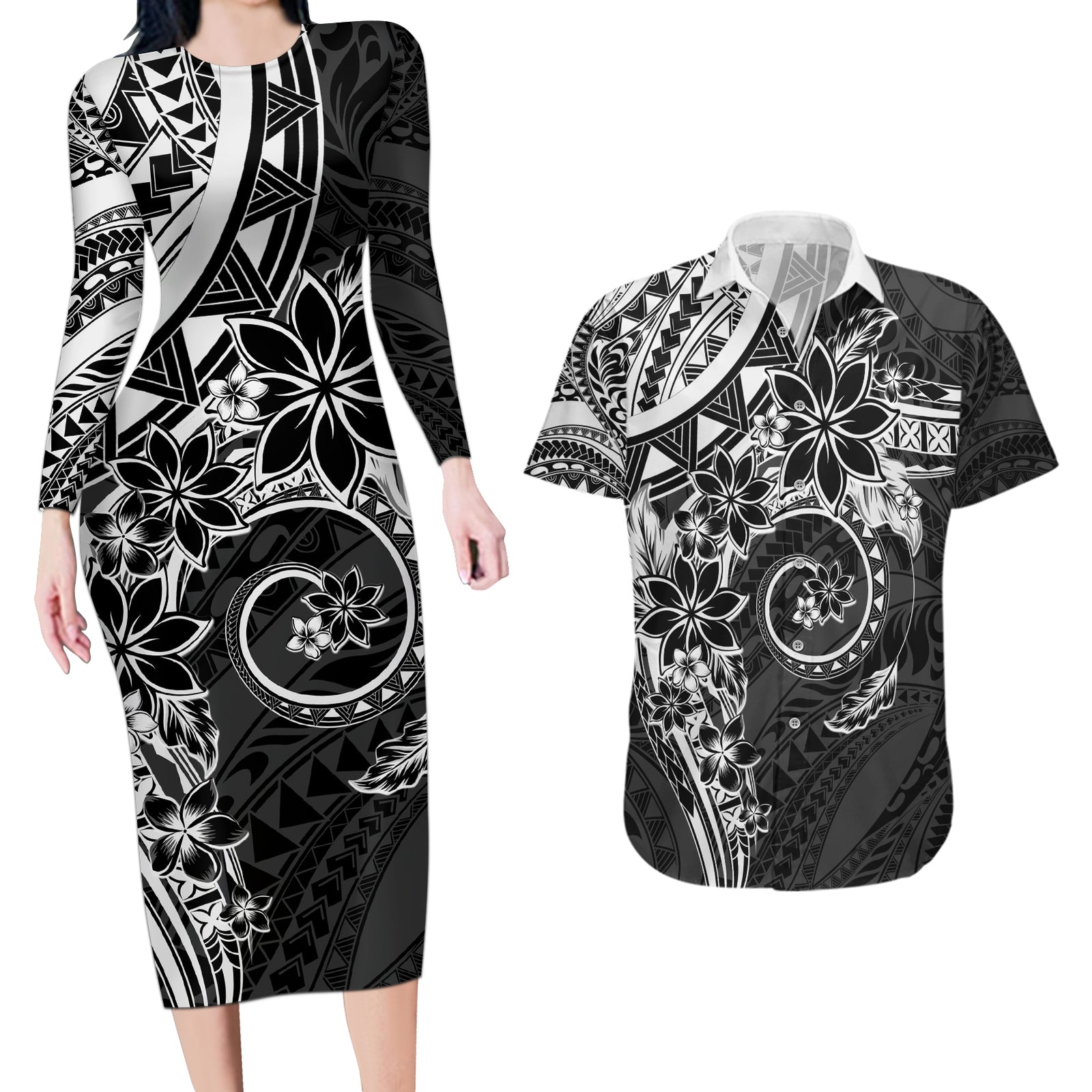 Polynesian Pattern With Plumeria Flowers Couples Matching Long Sleeve Bodycon Dress and Hawaiian Shirt Black LT05 Black - Polynesian Pride
