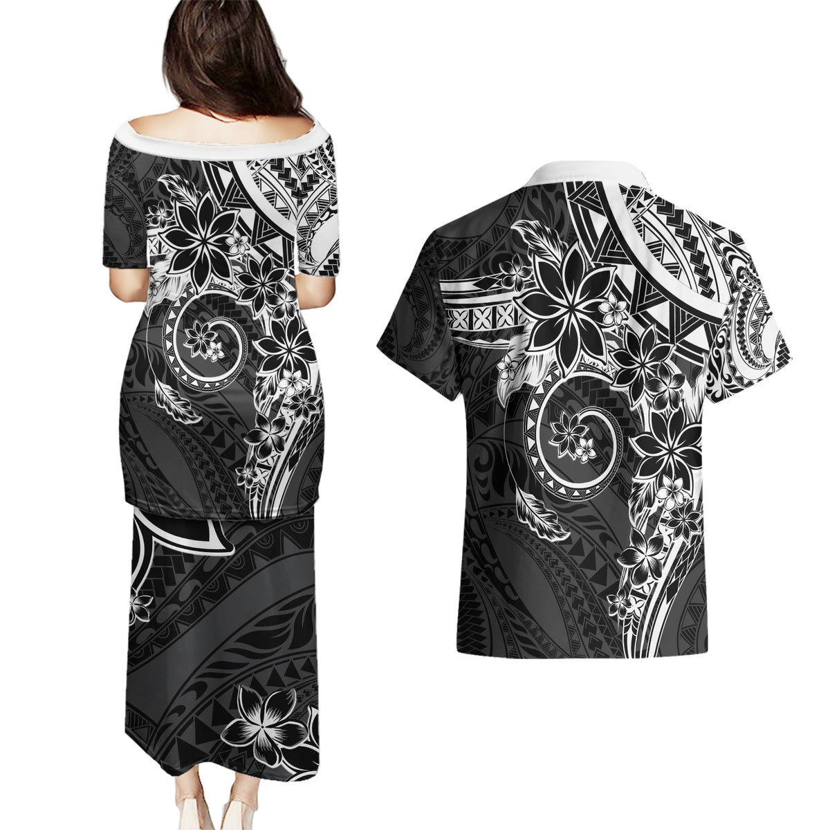 Polynesian Pattern With Plumeria Flowers Couples Matching Puletasi and Hawaiian Shirt Black