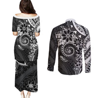Polynesian Pattern With Plumeria Flowers Couples Matching Puletasi and Long Sleeve Button Shirt Black