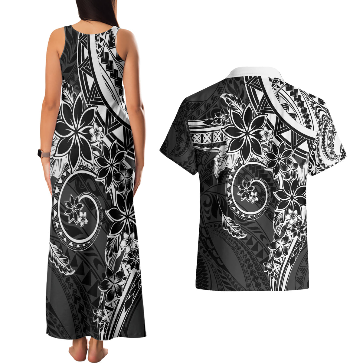 Polynesian Pattern With Plumeria Flowers Couples Matching Tank Maxi Dress and Hawaiian Shirt Black LT05 - Polynesian Pride