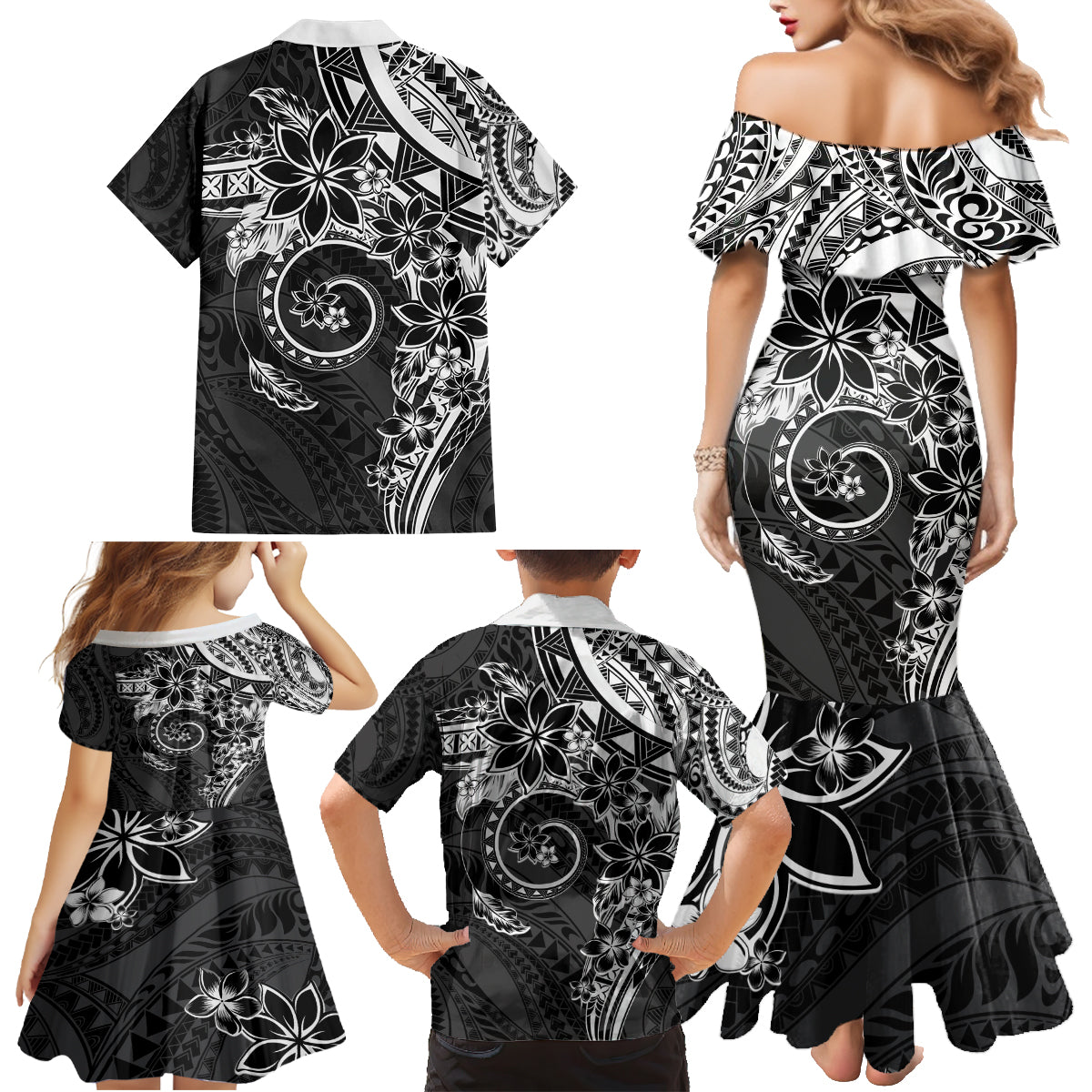 Polynesian Pattern With Plumeria Flowers Family Matching Mermaid Dress and Hawaiian Shirt Black