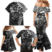 Polynesian Pattern With Plumeria Flowers Family Matching Mermaid Dress and Hawaiian Shirt Black