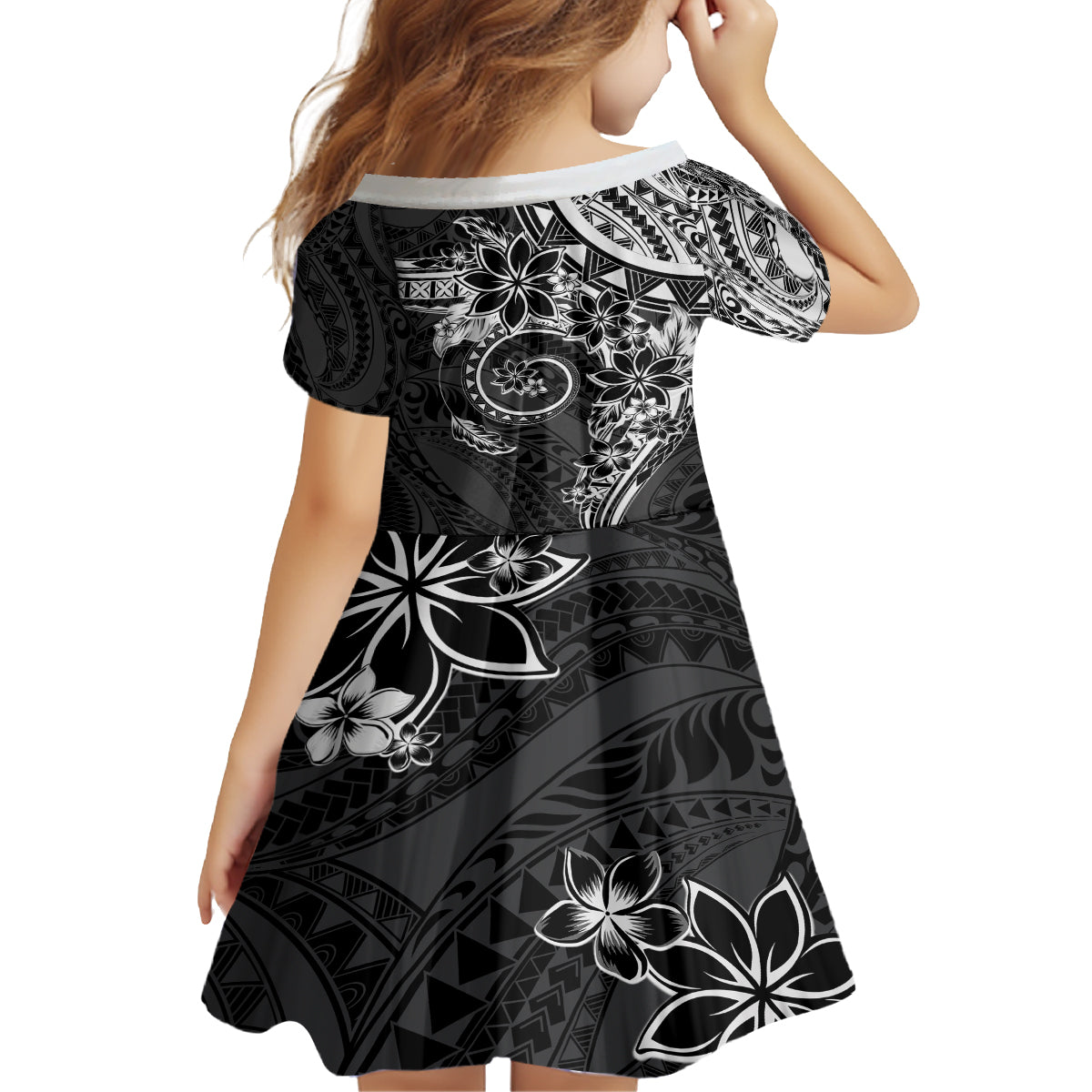 Polynesian Pattern With Plumeria Flowers Family Matching Off The Shoulder Long Sleeve Dress and Hawaiian Shirt Black