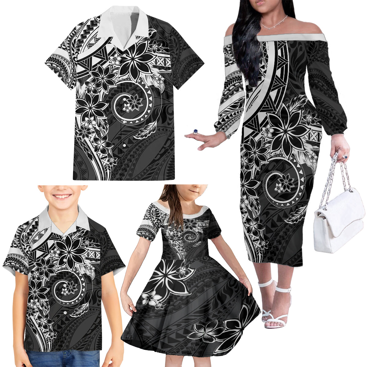 Polynesian Pattern With Plumeria Flowers Family Matching Off The Shoulder Long Sleeve Dress and Hawaiian Shirt Black LT05 - Polynesian Pride