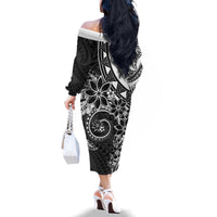 Polynesian Pattern With Plumeria Flowers Family Matching Off The Shoulder Long Sleeve Dress and Hawaiian Shirt Black