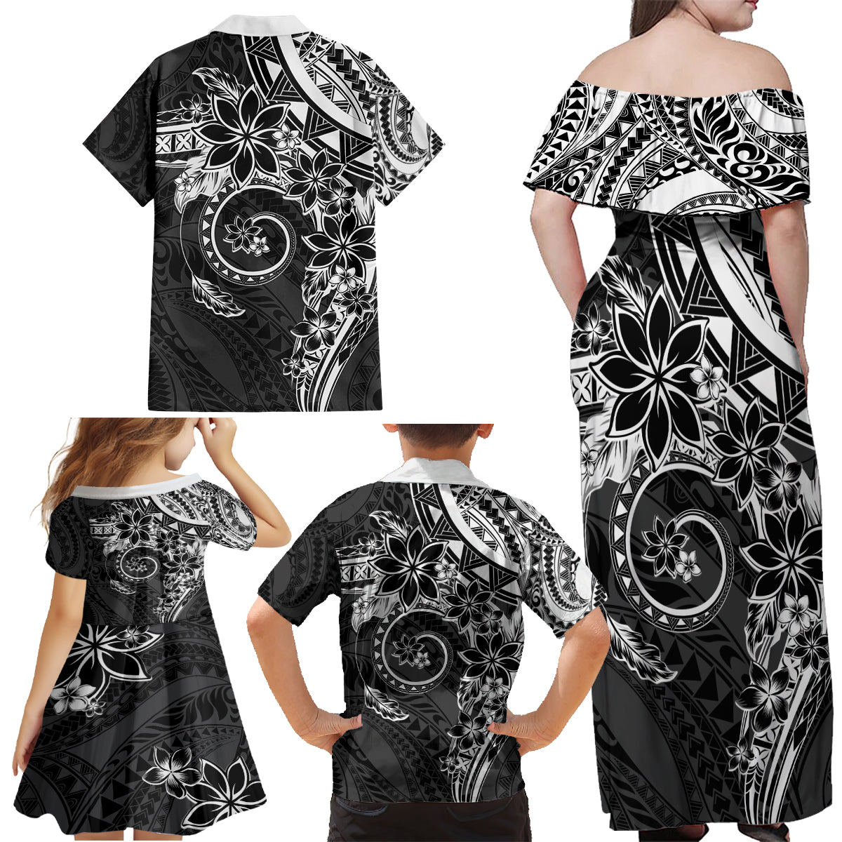 Polynesian Pattern With Plumeria Flowers Family Matching Off Shoulder Maxi Dress and Hawaiian Shirt Black