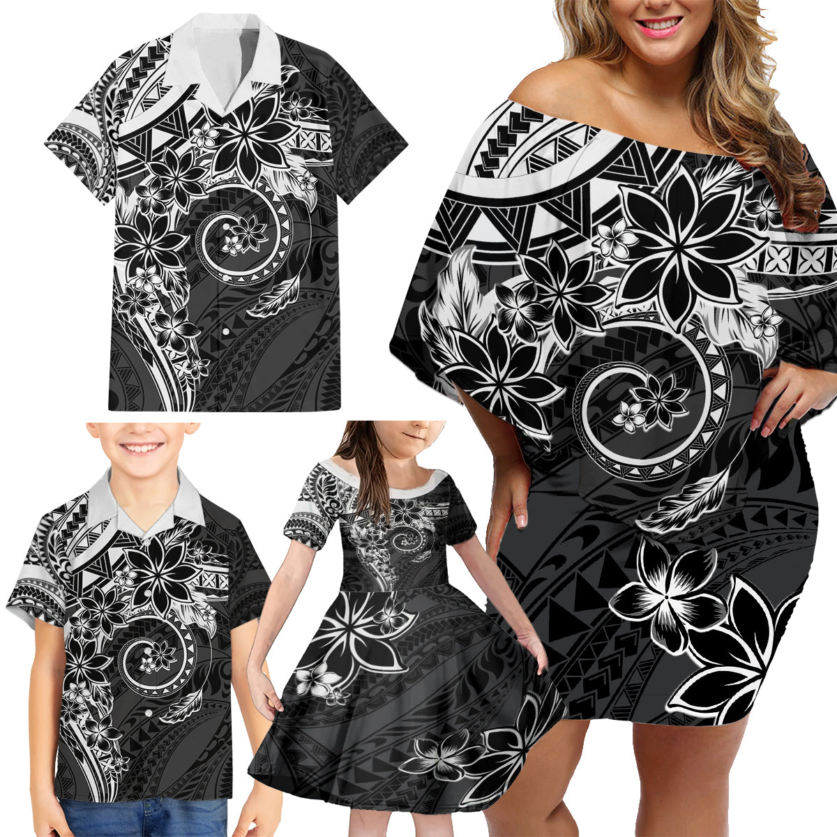 Polynesian Pattern With Plumeria Flowers Family Matching Off Shoulder Short Dress and Hawaiian Shirt Black