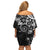 Polynesian Pattern With Plumeria Flowers Family Matching Off Shoulder Short Dress and Hawaiian Shirt Black