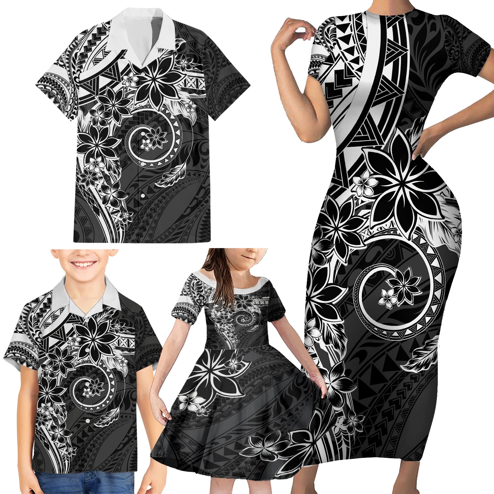 Polynesian Pattern With Plumeria Flowers Family Matching Short Sleeve Bodycon Dress and Hawaiian Shirt Black