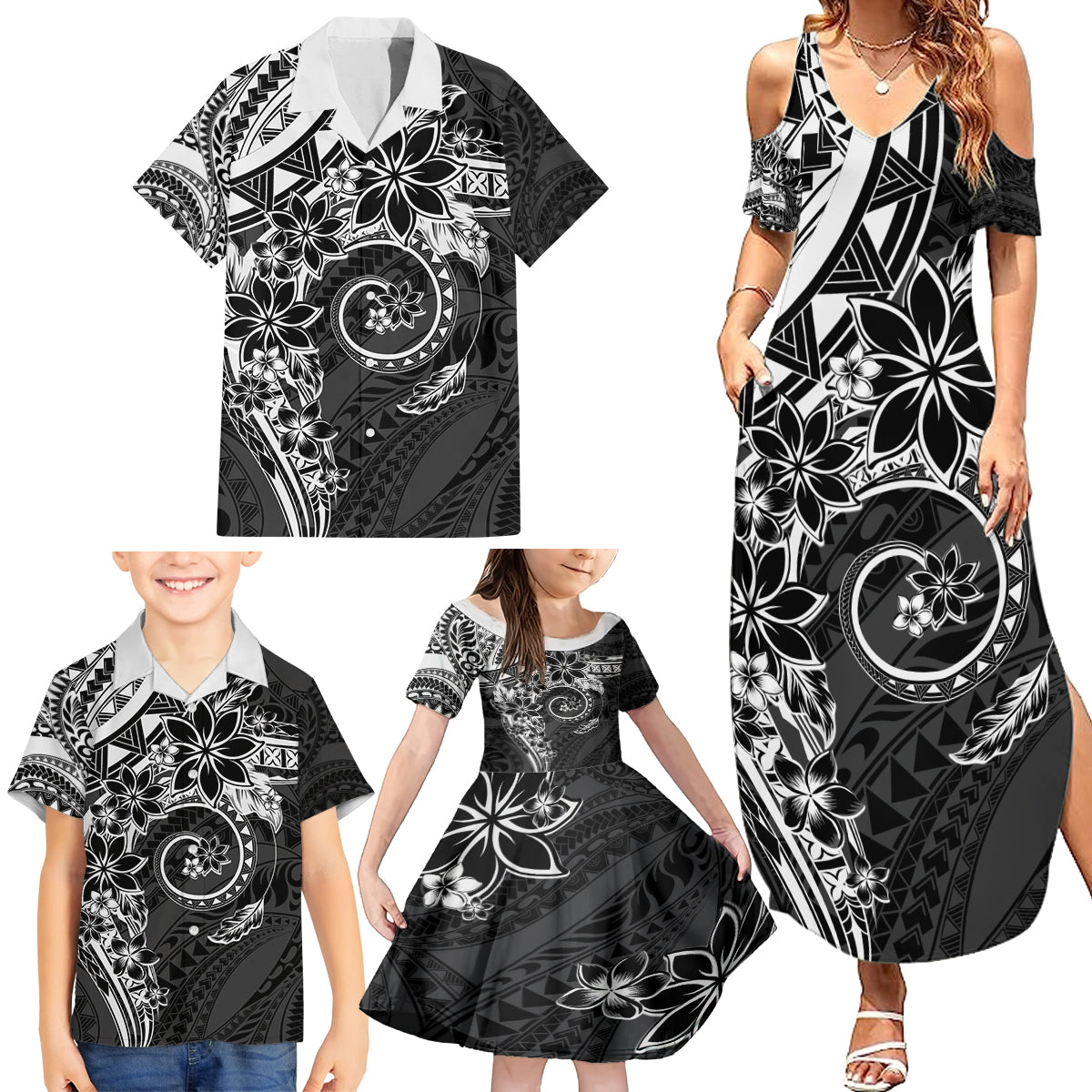 Polynesian Pattern With Plumeria Flowers Family Matching Summer Maxi Dress and Hawaiian Shirt Black LT05 - Polynesian Pride