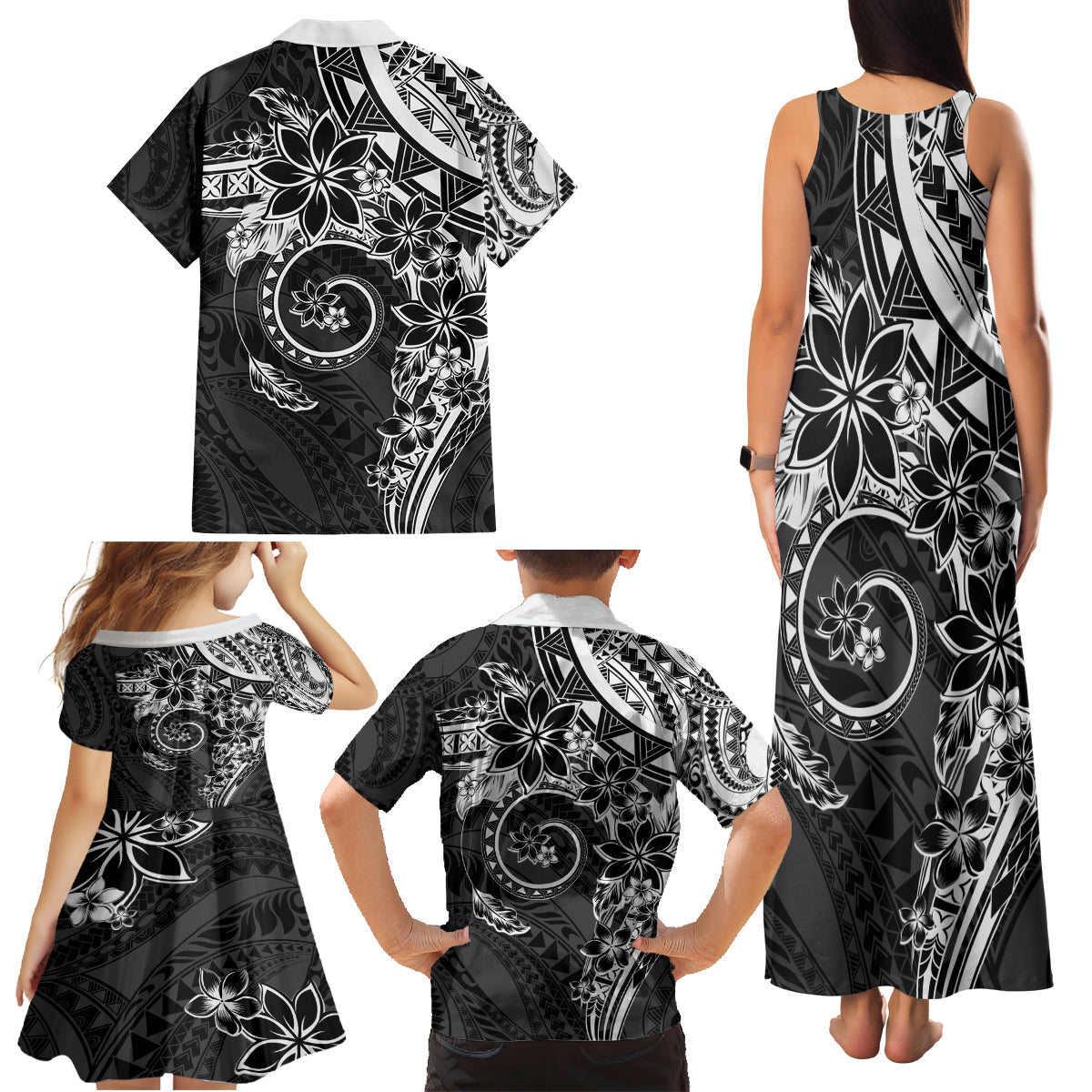 Polynesian Pattern With Plumeria Flowers Family Matching Tank Maxi Dress and Hawaiian Shirt Black
