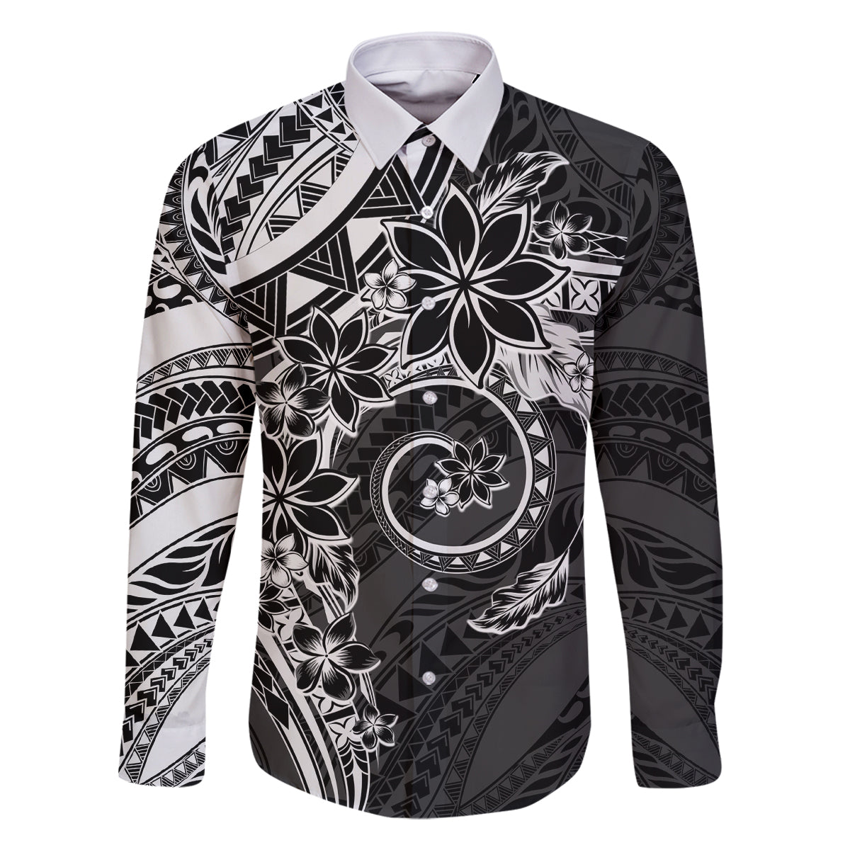 Polynesian Pattern With Plumeria Flowers Family Matching Tank Maxi Dress and Hawaiian Shirt Black